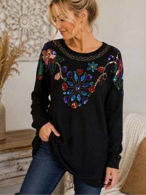 Vintage SML Sport Embellished Tunic Sweater M | Artwear Jewel Tone Beaded Floral
